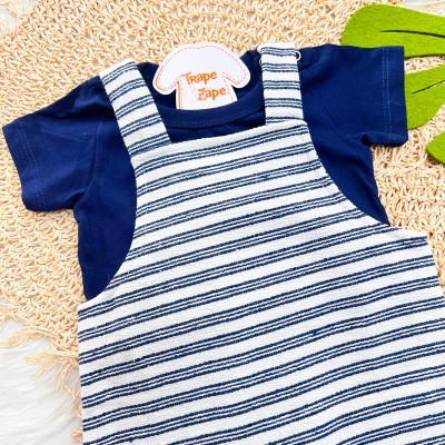 Conj. Camiseta e Jardineira em Linho Listrada - Marinho